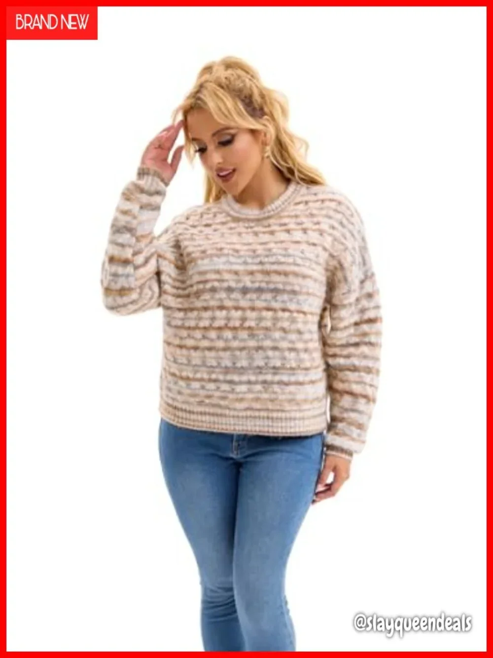 Striped Cable Knit Chunky Pullover Sweater Crewneck Long Sleeve Fall Winter Top